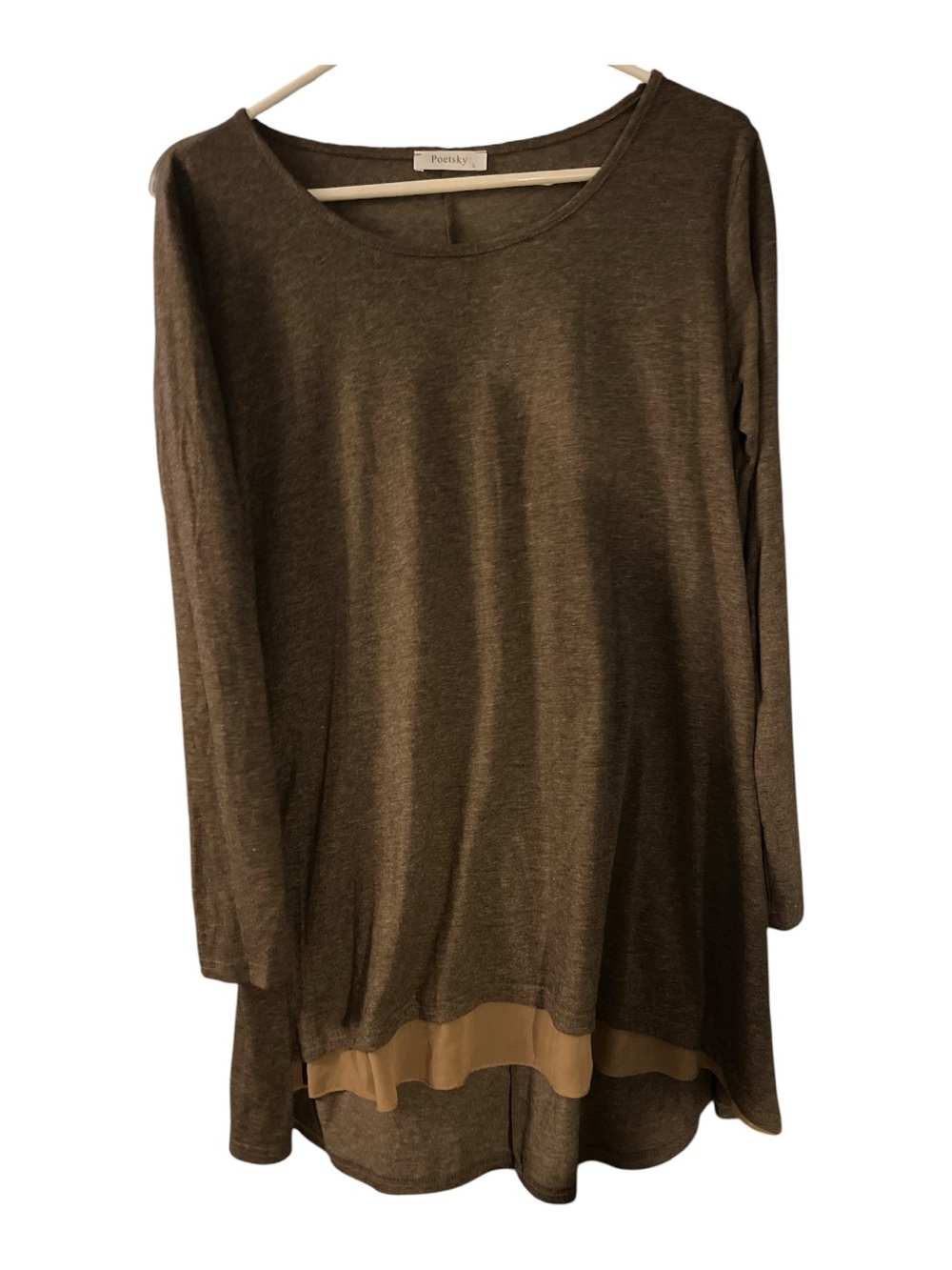 Long-Sleeve Tunic with Contrast Hem in Olive Brown